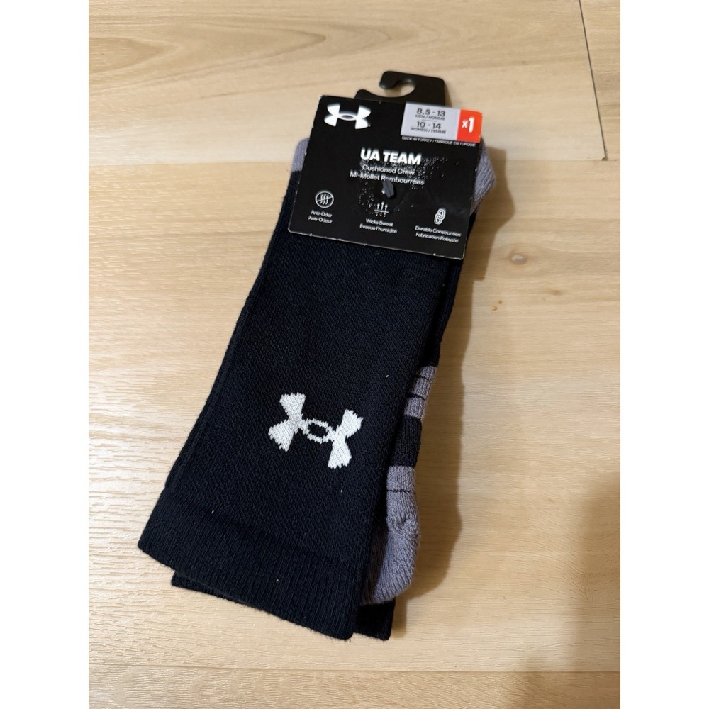 Under Armour Socks Black Crew Polyester Mid Cushion Womens 10-14, Men's 8.5-13